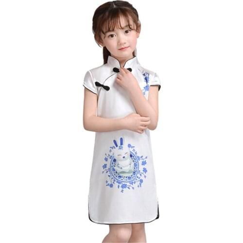 Girls cheongsam new childrens Tang suit Chinese style dress princess dress white stage costumes class clothes photo