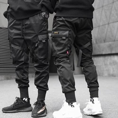 Men Joggers Pants Hip Hop Streetwear Ribbons Black Multi-pocket Cargo Casual Trousers Harem Harajuku Sweatpants Techwear Pants