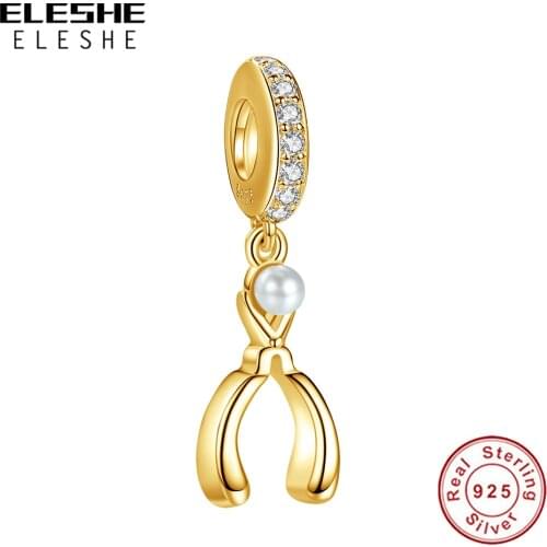ELESHE European Style 925 Sterling Silver with Crystal CZ Bead Scissors Dangle Charm for Women fit Bracelets DIY Jewelry