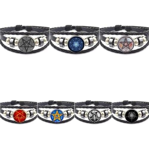 EJ Glaze For Women Kids Brand Black Leather Bracelet Bangle Glass Cabochon Jewelry Bijouterie Personality Pentagram