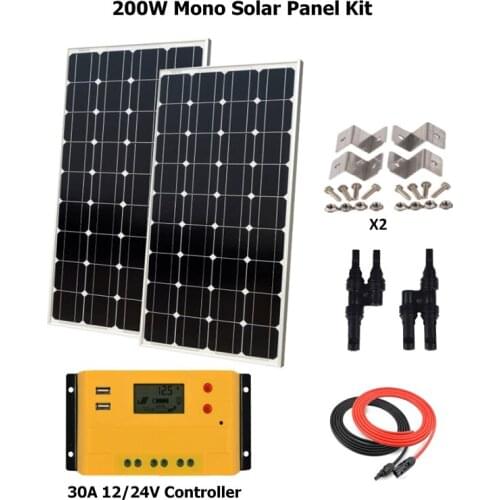 200W Solar Panel Plate Kit 18V Solar Charger For Car Battery Monocrystalline Silicon Cell Module Kit w/ 30A LCD Solar controller
