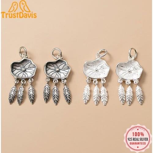TrustDavis Real 925 Sterling Silver Fashion Lotus Leaf Tassel Charm Pendant Handmade DIY Accessories Jewelry Wholesale DZ97