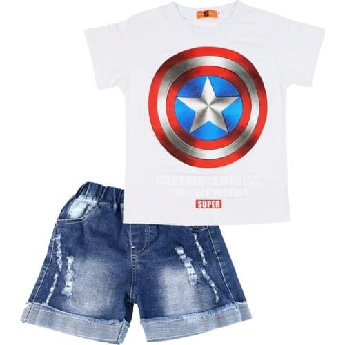 Disney Boys Outfits Avengers Captain America Superhero Summer Cotton Kids shirt&Denim Shorts Clothing Set Children Suit Clothes