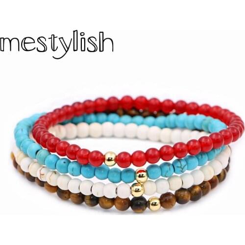 Mestylish 4mm Tiger Eye Buddha Bracelets For Men Natural Stone Elastic Rope Chain Strand Bracelet White & Blue Beads