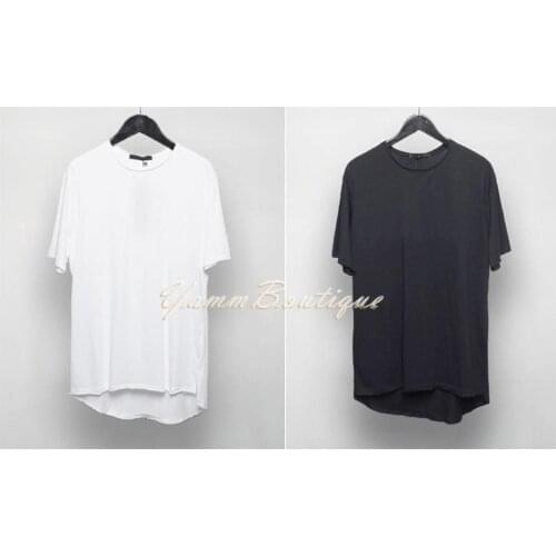 Mens Viscose Cotton Frayed Raw Edges Elongated Short Sleeve Back Low Long Wide Neck Lengthen Extended Oval Tee Tshirt