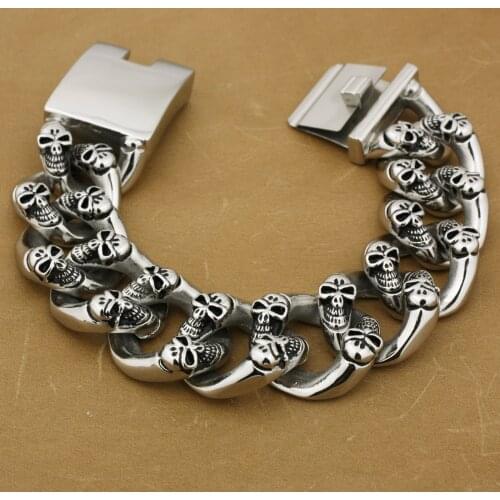 316L Stainless Steel Huge Heavy Skulls Bracelet Mens Biker Punk Link Chain 5F005