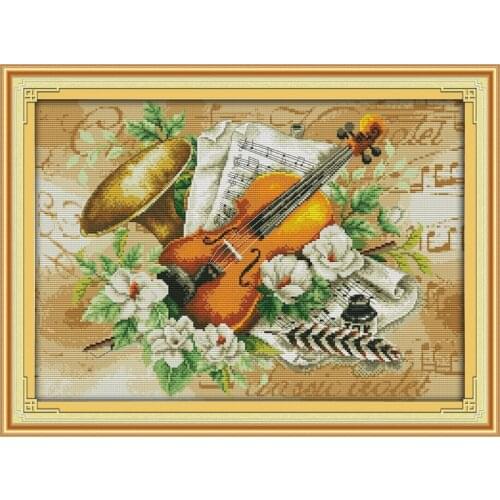 The Violin Flowers Canvas Cross Stitch Kits 100% Accurate Printed Embroidery DIY Handmade Needle work Wall Home Decoration