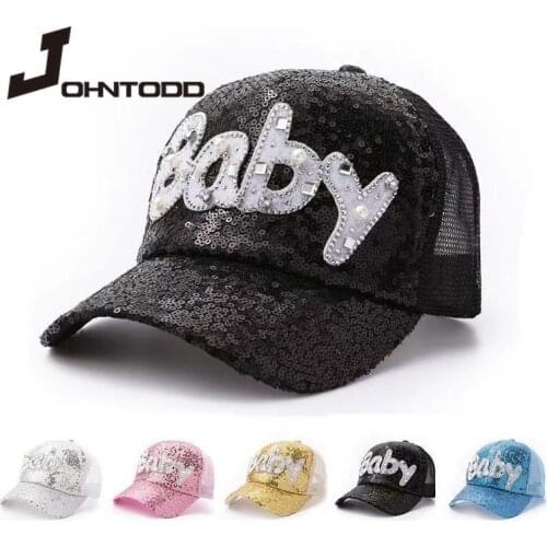2021 New Fashion Summer Baby Girls Sequins Baby Letter Snapback Caps Mesh Baseball Caps Child Pearls Sun Hats Bonnet Adjustable