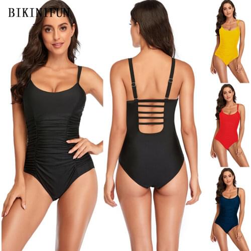 2021 New Sexy Solid Color Monokini Women Scoop Neck Swimsuit Backless One Piece Suit S-2XL Girl Plus Size Swimwear Bathing Suit