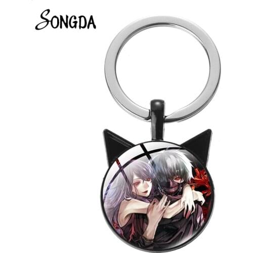 Japan Anime Tokyo Ghoul Cat Ear Keychain Q Version Figures Cartoon Print Glass Time Gem Key Chain Metal Holder Ring Gift For Men