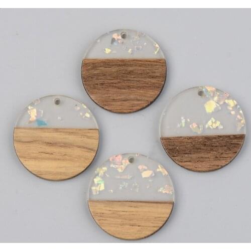 5Pcs Flat Round Resin Wood Pendants Charms with Paillette for DIY Earrings Necklaces Making Jewelry Crafting Accessories
