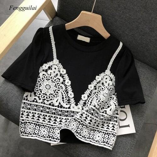 Short Sleeve Pullover T-Shirt Womens Korean Style 2021 Summer New Round Neck Stitching Lace Sling Fake Two Pes Short Top