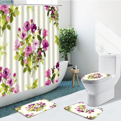 Flower Green Leaf Shower Curtains Hand Painted Floral Non-Slip Flannel Rug Toilet Cover Bath Mat Indoor Home Decor Bathroom Set
