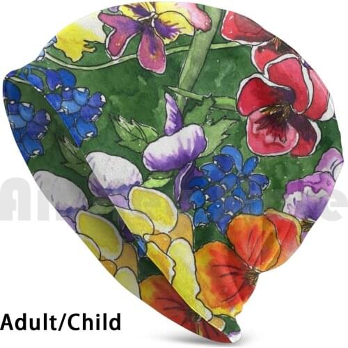 Pansies Beanies Knit Hat Hip Hop Watercolor Ink Pansy Pansies Flowers Floral Garden Seasonal Holiday Colorful