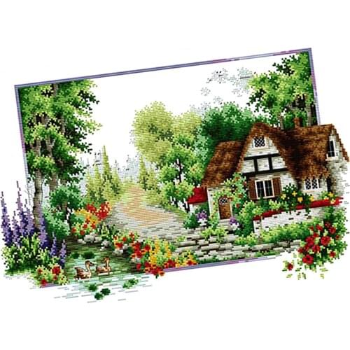 Stamped Stitch Kits With Printed Pattern - Village Cottage, For Embroidery Art -Stitching Lover 14CT 50x33cm