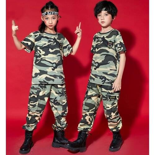 Hip Hop Dance Costumes Short Sleeves Camouflage Tops Pants Girls Kids Street Dancing Clothes Military Training Sport Wear BL6844