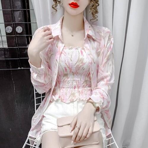 #4735 Crop Top And Shirt Two Piece Set Chiffon Shirt Women Long Sleeve Casual Vintage Floral Print Shirt Female Thin Women Tops