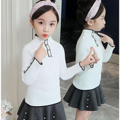Knit Solid Turtleneck Sweater For Big Girls Long Sleeve Button Tops Tees 2019 Autumn School Clothes Children Kids Pullover