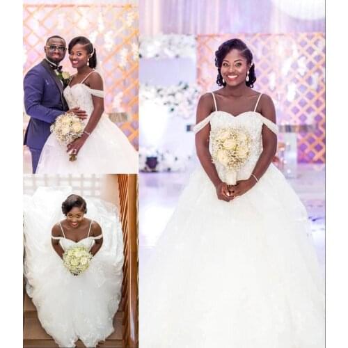 South African Arabic A Line Wedding Dresses Luxurious Pearls Beads Spaghetti Straps Bridal Gowns Backless Plus Size