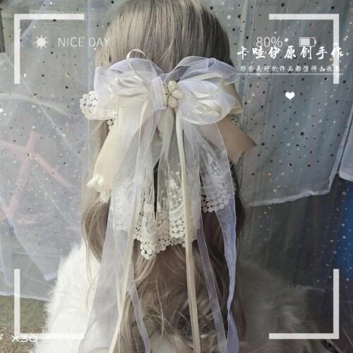 Japanese Lolita Gorgeous Hair Accessories Super Immortal Lace Trim Bowknot Hairpin Long Silk Ribbon Ornaments Back Head Clip