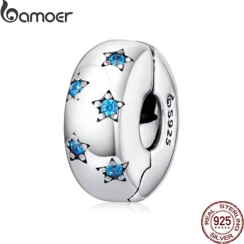 Bamoer 925 Sterling Silver Ocean Blue Star Clip Charm Stopper fit for Original Silver Bracelet European Jewelry Making BSC253