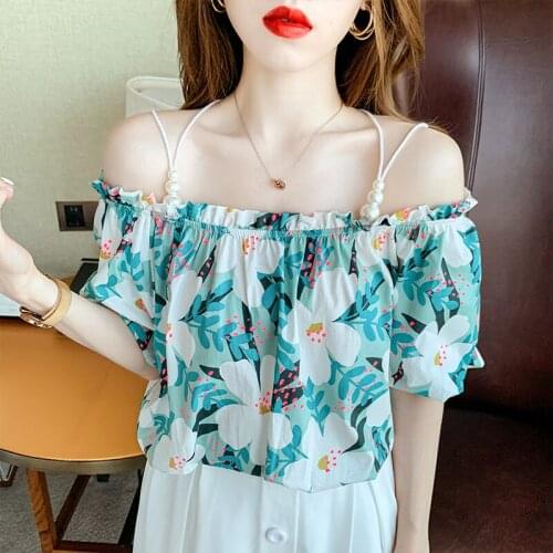 Vetement Femme 2021 French Style Loose Printed Short-sleeved Shirts for Woman Slash Neck Chiffon Blouses Sexy Tops Female 1047