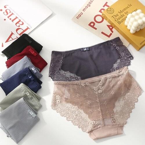 Womens Ice Silk Underwear Sexy Lace Panties Fashion Hollow Out Comfort Briefs Mid Waist Seamless Underpants Female Lingerie
