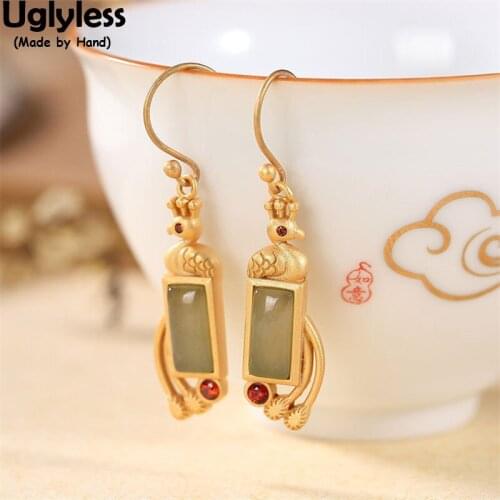 Uglyless Eastern Beauty Peacocks Phoenix Birds Earrings for Women Square Natural Jade Earrings Gold 925 Silver Animals Jewelry