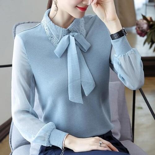 Womens Spring Autumn Style Chiffon Blouses Shirt Womens Bow Long Sleeve Solid Color Korean Elegant Tops DD9028