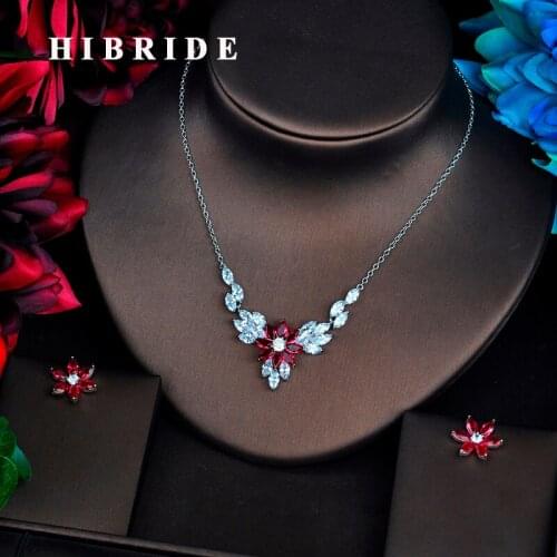 HIBRIDE Marquise Cut Pendents Clear Red Cubic Zircon Women Dubai Bridal Jewelry Sets Wedding Necklace Accessories Bijoux N-528