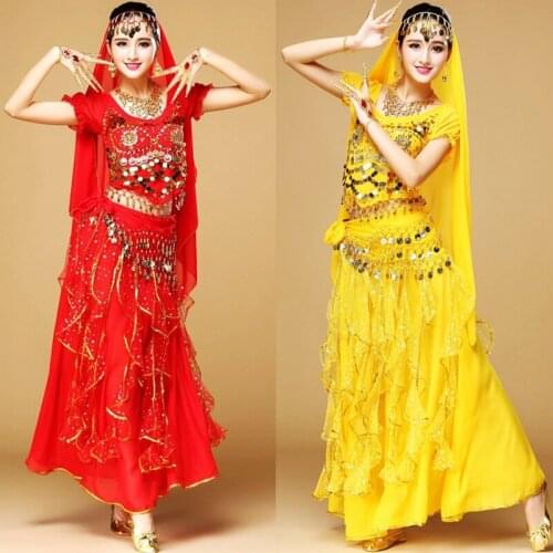 1 Pcs Belly Dance New Indian Dance Costumes Belly Dancing Adult Female 'S Clothing Outfits Sequins Short Sleeve Practice Clothes