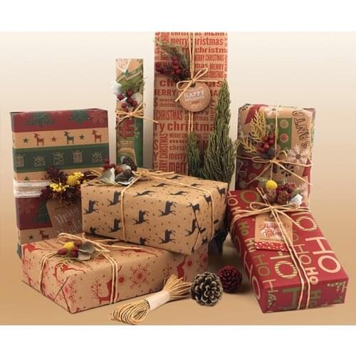 6 Sheets Christmas Wrapping Paper Kraft Paper with Tree Elk Pattern for Christmas Elements Collection Gift Present Bag Packaging