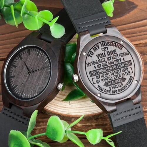 BOBOBIRD Best Gift TO MY Husband Personal Custom Ebony Leather Watch GiftS Personalized Men Wood Wristwatch