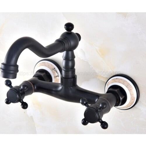 Oil Rubbed Bronze Wall Mounted Swivel Spout Bathroom Sink Faucet Double Handle Mixer Tap Wall Mounted znf871
