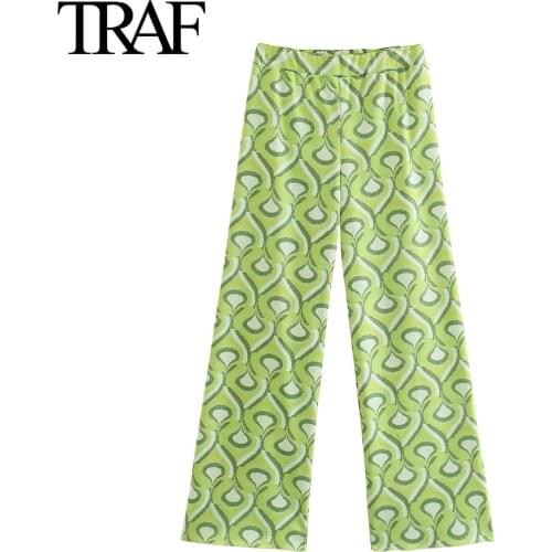 Traf Za Womens Clothing Street Fashion Printed Wide Leg Pants Vintage Elastic High Waist Bell Bottom Long Pants Mujer