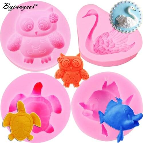 Byjunyeor Swan Fish Tortoise Cute Owl UV Resin Silicone Mold Fondant Chocolate Candy Lollipop Crystal Epoxy Soft Clay Bake Tools