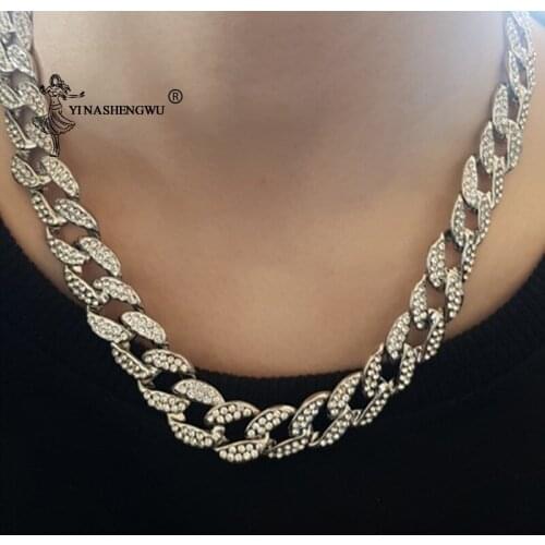 New Hip Hop Iced Out Paved Rhinestones 30cm-7cm Gold Miami Curb Cuban Chain CZ Bling Rapper Necklaces For Men Jewelry