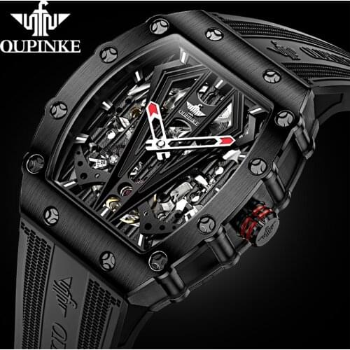 OUPINKE Silicone tonneau Mens Watches Automatic Mechanical Wristwatch Sapphire Glass Waterproof Sports Black Watch Montre homme