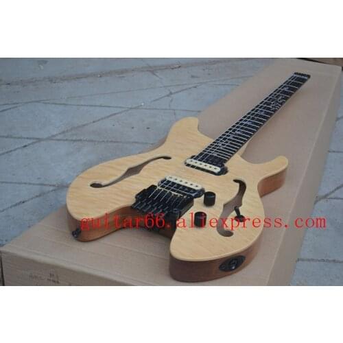 Double f hole natural color headless electric guitar a bridge rosewood fingerboard