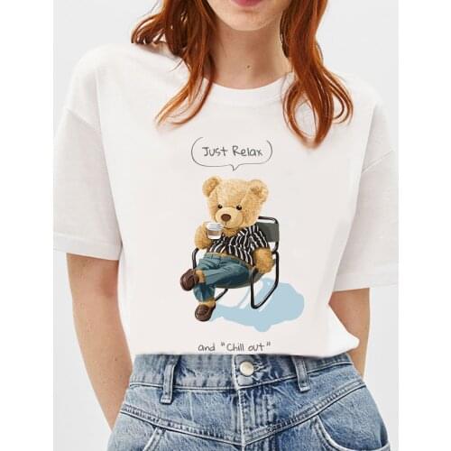 BLINGPAW Graphic T Shirts Teddy Bear Just Relax and Chill Out Letter Print T-shirt White Cotton Unisex Tees Summer Tee Shirts
