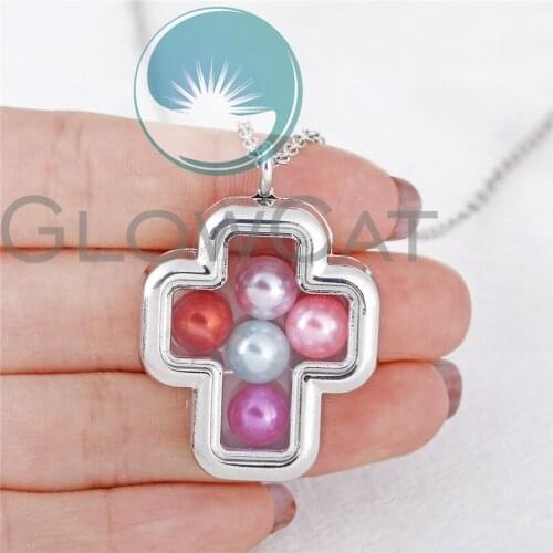 Geometry Cross Floating Locket Pendant Glass Charms Magnetic Living Memory Photo Beads Locket Necklace