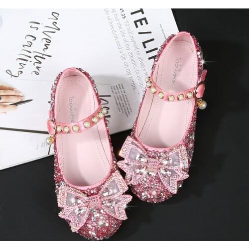 Girls Leather Shoes Princess Shoes Children Crystal for Party Flats Fashion Shoes 2021 Autumn New Dress Pearl Bow-knot Sweet Hot