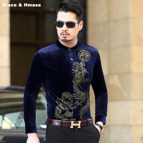 Chinese style bronzing dragon pattern printing fashion long sleeve shirt Autumn 2018 New high-quality gold velvet shirt menM-3XL