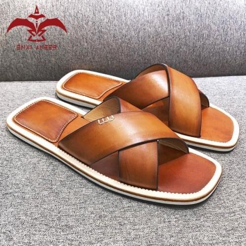 Enjoy The Moment Now! Custom Handmade Genuine Leather Slippers for Men/Lady with Patina Orange/Blue Color