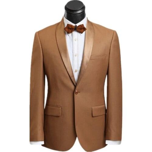 New Arrival Groomsmen Shawl Satin Lapel Groom Tuxedos Brown Mens Suits Wedding Best Man (Jacket+Pants+Tie+Hankerchief) B759