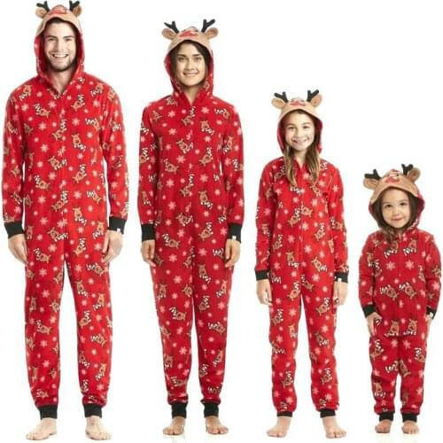 New Years Family Matching Christmas Pajamas Sets Mom And Dad Baby Kid Clothes Family Deer Hoodie Ears Cotton Suit Set