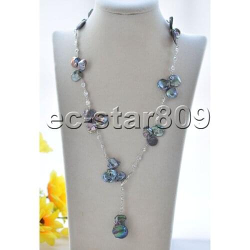 P7348 Adjustable 33" 16mm Black lamina & KESHI Pearl CZ Pendant & Necklace Choker