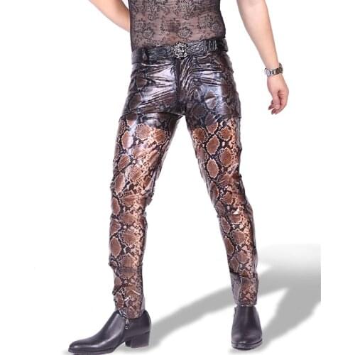 Smart Casual PU Leather Trousers PU Python Stripe Straight Type Pants Fashion Straight Pants All Glue Semilucent PU Shell Fabric