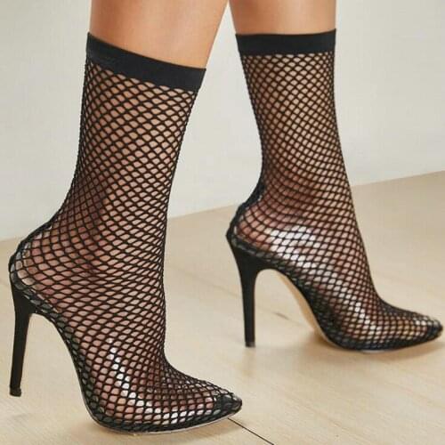 PVC Fashion Transparent Mesh Stretch Fabric Sock Boots Thin Heels Pointed Toe Ankle Woman Boot Black