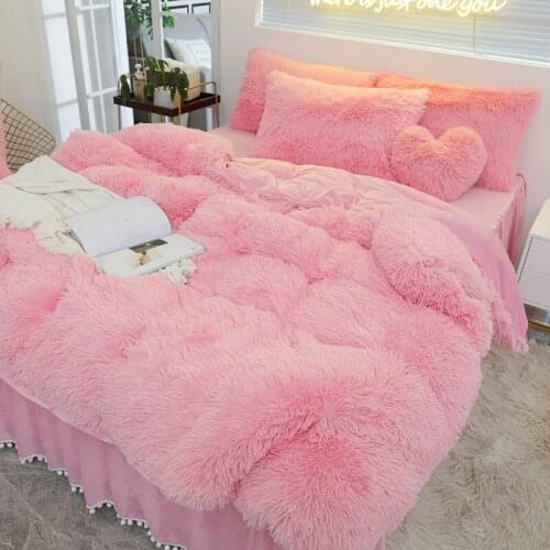 Luxury Pure Color Plush Shaggy Warm Fleece Girl Bedding Set Mink Velvet Double Duvet Cover Set Bed Skirt Pillowcase Home Textile